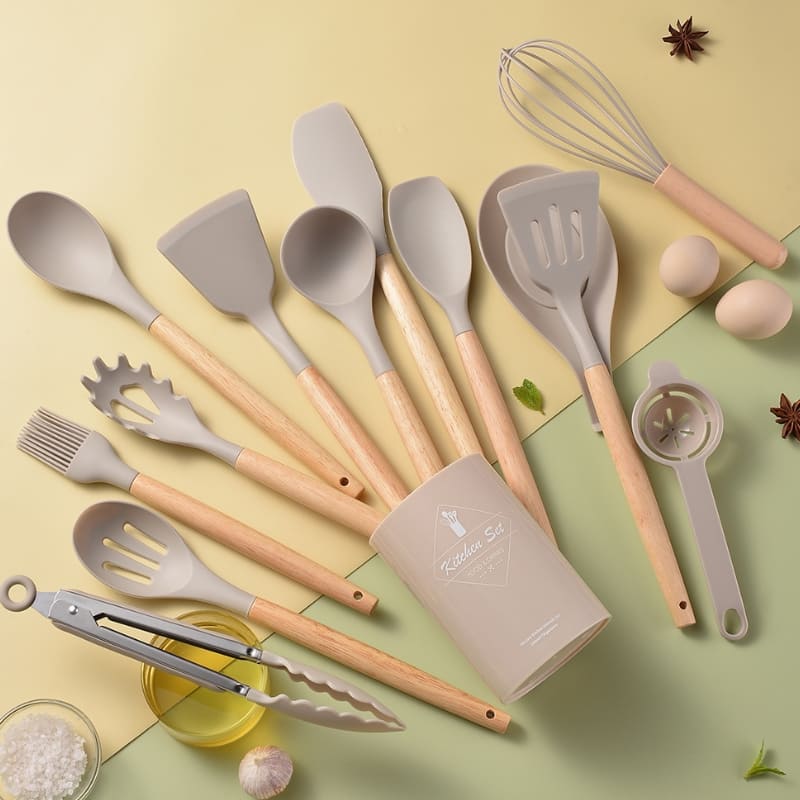 Kit d'ustensiles de cuisine 14 pièces en silicone avec support en acier inoxydable