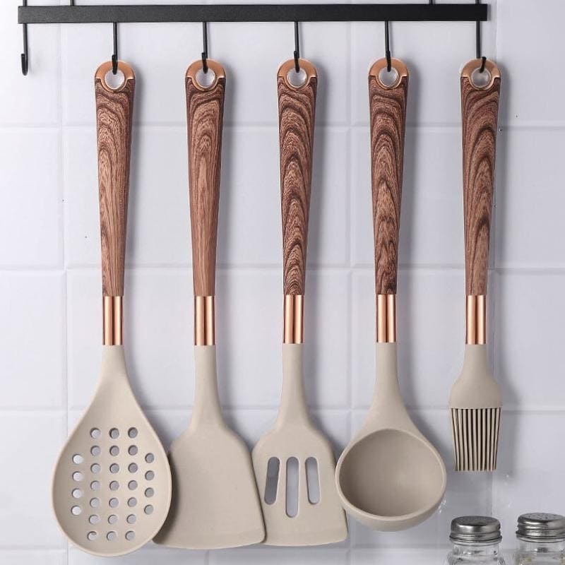 Kit d'ustensiles de cuisine 10 pièces en silicone avec organisateur Rosé