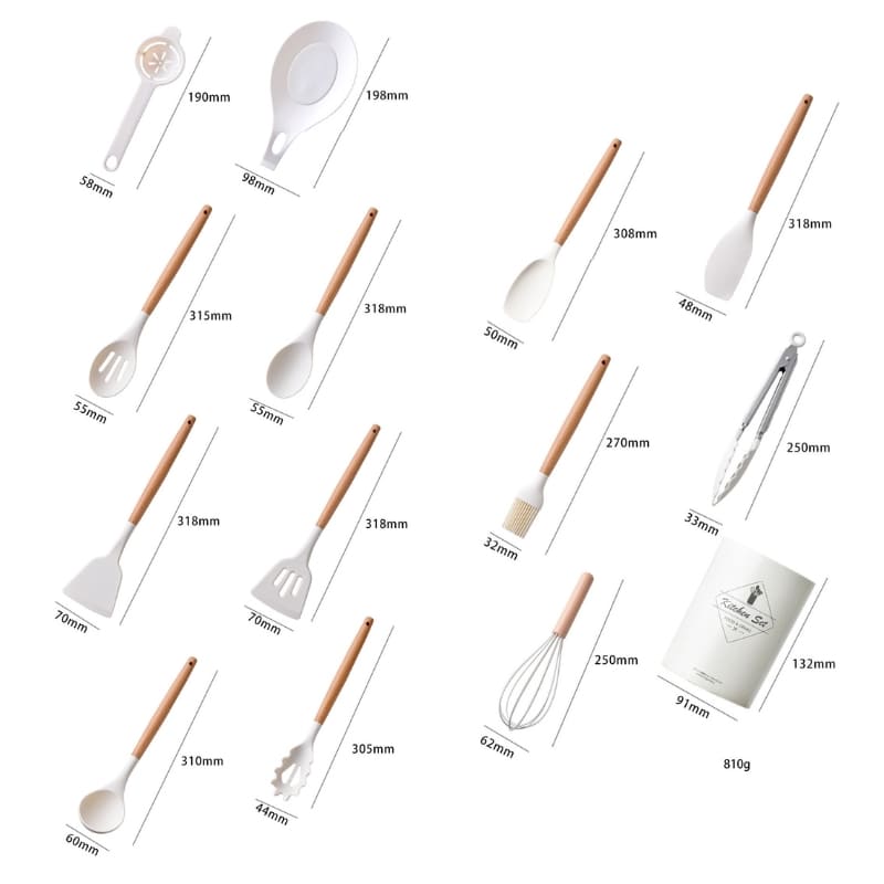 Kit d'ustensiles de cuisine 14 pièces en silicone avec support en acier inoxydable