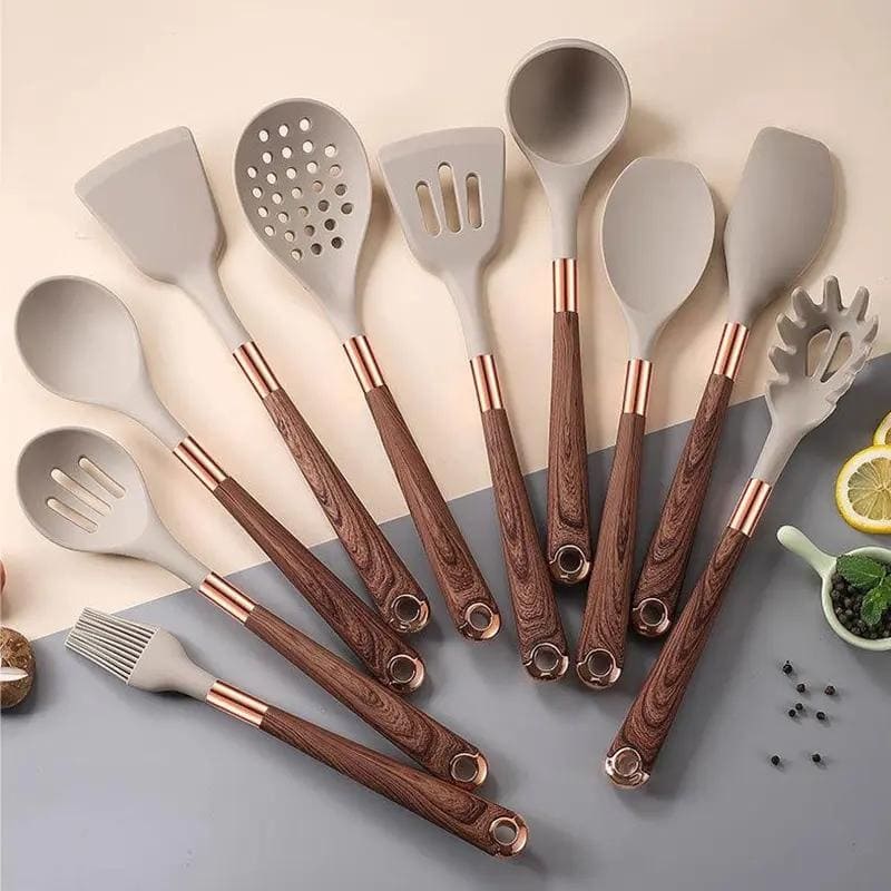 Kit d'ustensiles de cuisine 10 pièces en silicone avec organisateur Rosé