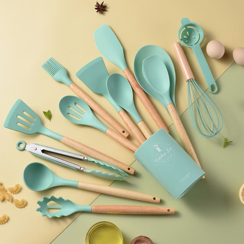 Kit d'ustensiles de cuisine 14 pièces en silicone avec support en acier inoxydable