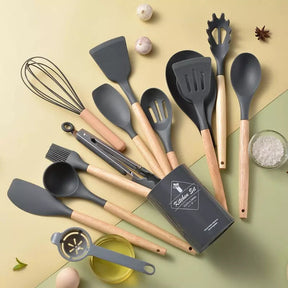 Kit d'ustensiles de cuisine 14 pièces en silicone avec support en acier inoxydable