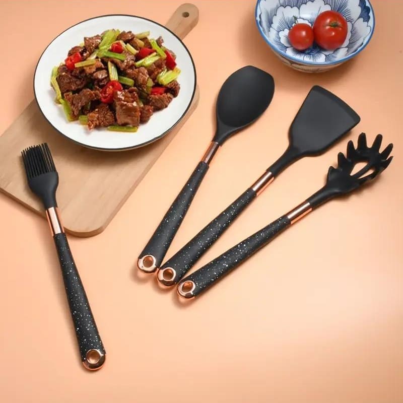 Kit d'ustensiles de cuisine 10 pièces en silicone avec organisateur Rosé