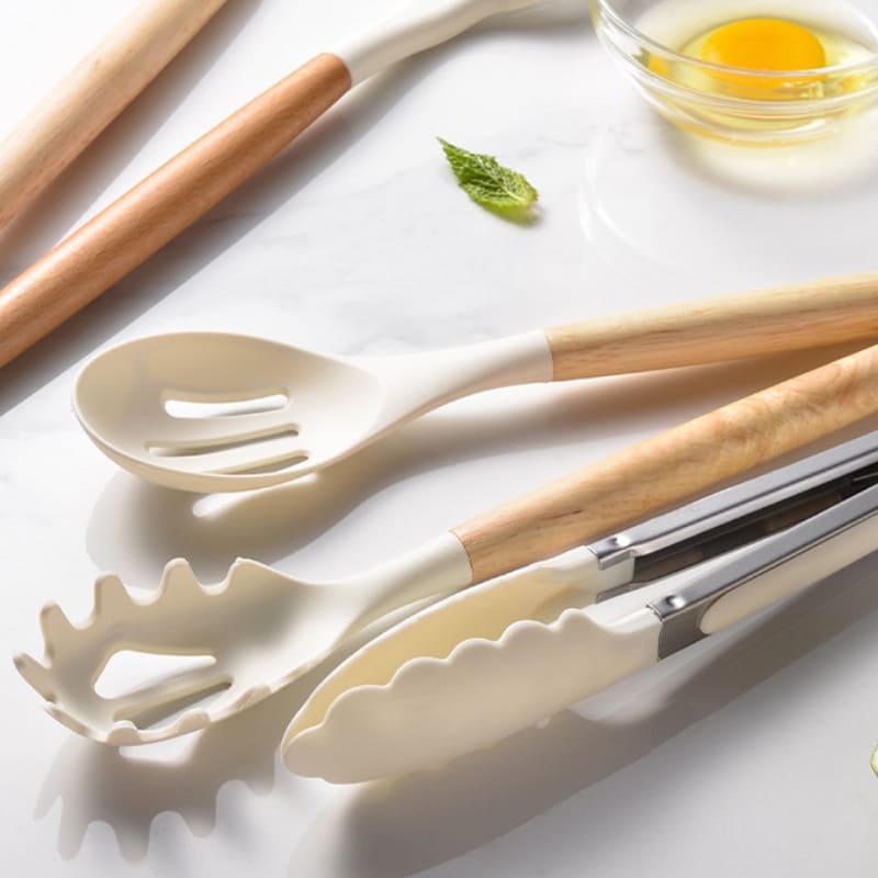 Kit d'ustensiles de cuisine 14 pièces en silicone avec support en acier inoxydable