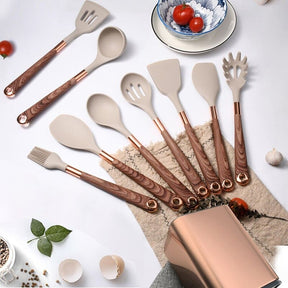 Kit d'ustensiles de cuisine 10 pièces en silicone avec organisateur Rosé