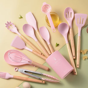 Kit d'ustensiles de cuisine 14 pièces en silicone avec support en acier inoxydable