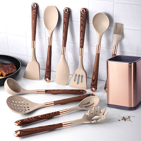 Kit d'ustensiles de cuisine 10 pièces en silicone avec organisateur Rosé